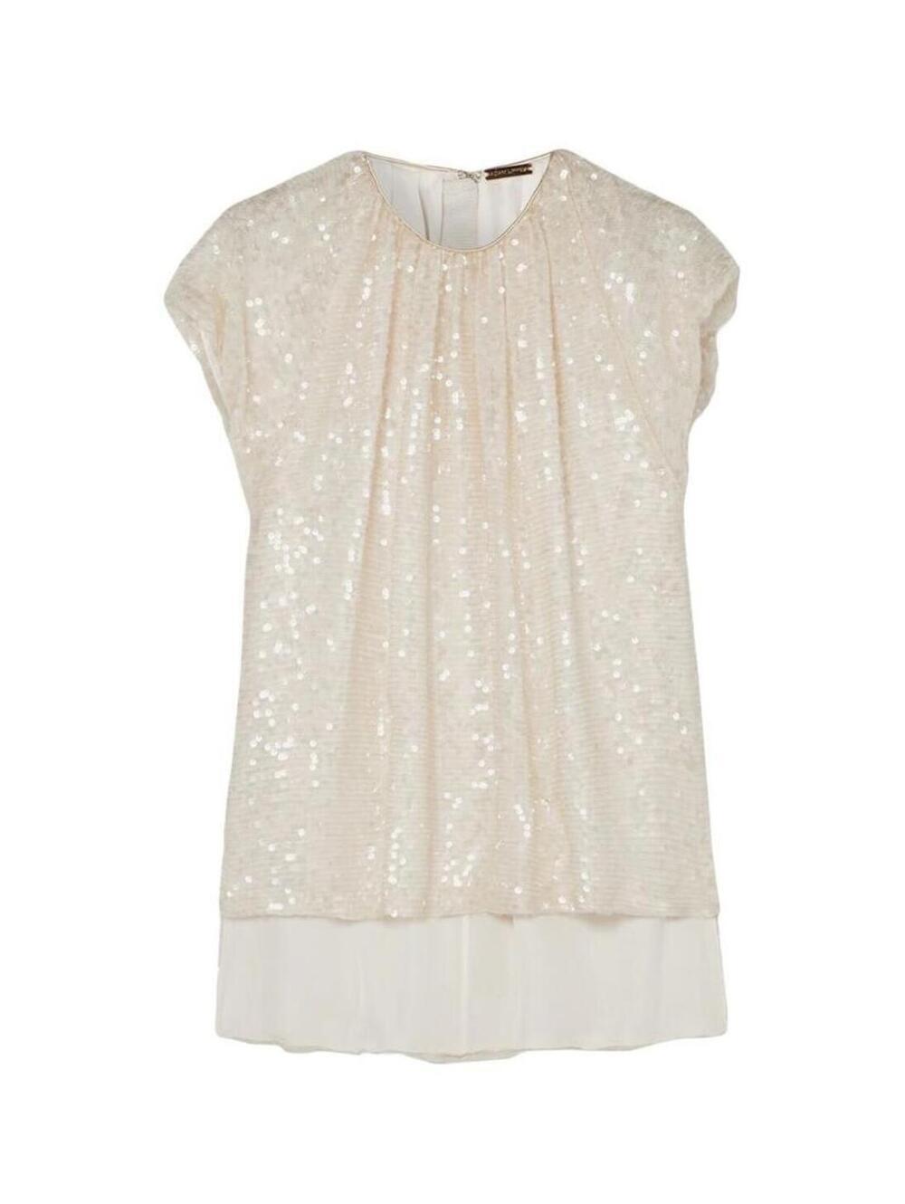 Excellent Adam Lippes Silk Lined Sequin Ivory Jewel Neck Blouse Retail $990